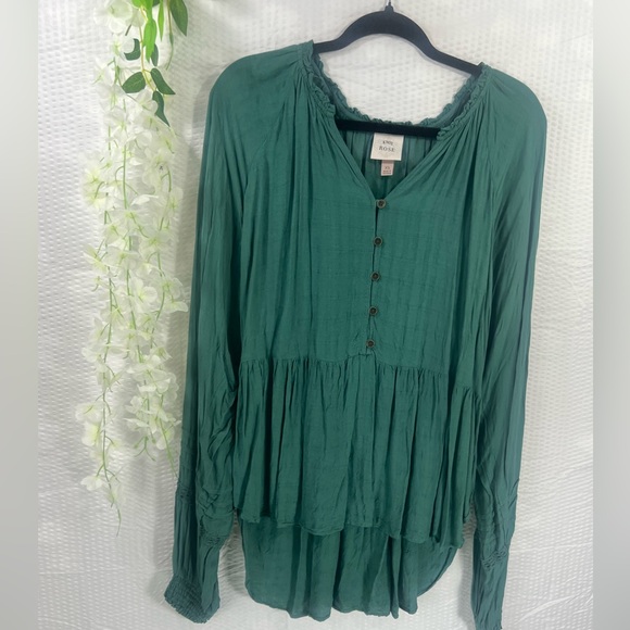 Knox Rose Womens Sz XL Green Lace Balloon Sleeve Boho Low High V Neck Shirt Top - Picture 2 of 13